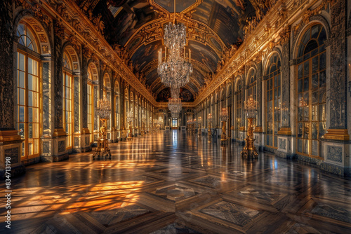 The Hall of Mirrors at Chateau de Versailles with its opulent decor and chandeliers