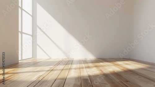 minimalistic beige room wood floor background  light and intricate shadow from the window.