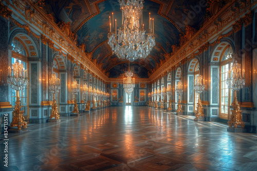 The Hall of Mirrors at Chateau de Versailles with its opulent decor and chandeliers
