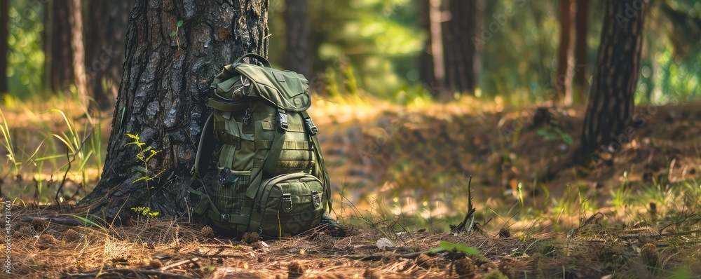A backpack resting against a tree trunk in a forest setting highlights a sense of adventure and nature. A backpack resting against a tree trunk in a forest setting highlights a sense of adventure and nature.