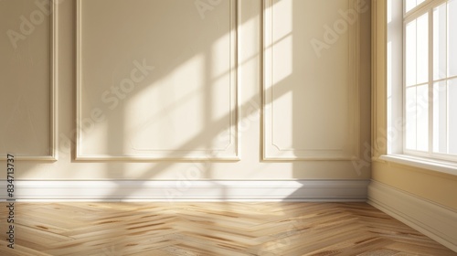minimalistic beige room wood floor background ,light and intricate shadow from the window.