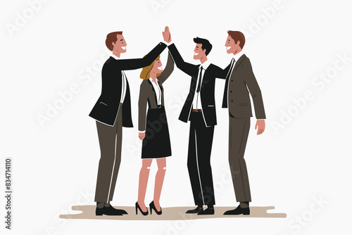 Team of business people celebrate success in work collaboration together, giving high five with joy. Unity and support between colleagues concept. Flat vector illustration isolated on white background