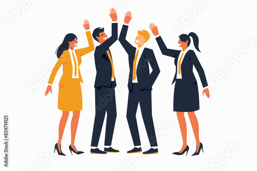 Team of business people celebrate success in work collaboration together, giving high five with joy. Unity and support between colleagues concept. Flat vector illustration isolated on white background