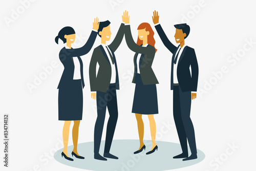 Team of business people celebrate success in work collaboration together, giving high five with joy. Unity and support between colleagues concept. Flat vector illustration isolated on white background