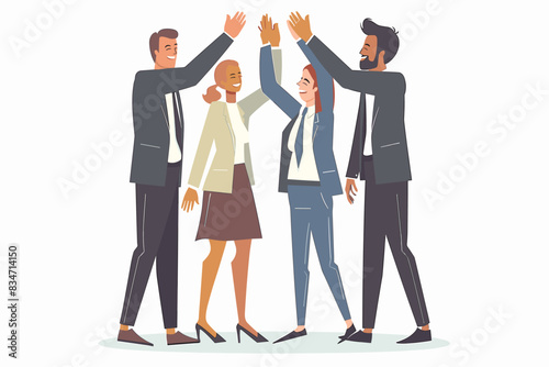 Team of business people celebrate success in work collaboration together, giving high five with joy. Unity and support between colleagues concept. Flat vector illustration isolated on white background