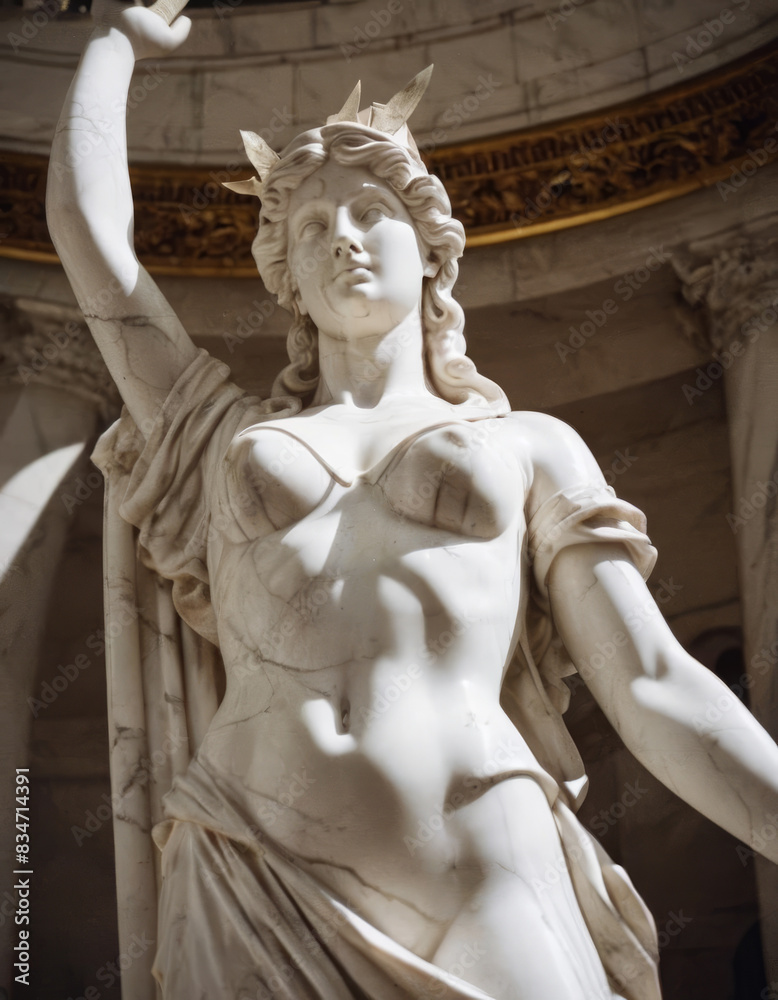 Obraz premium Una statua di gesso bianca raffigurante una donna romana, con una corona di foglie sulla testa. 