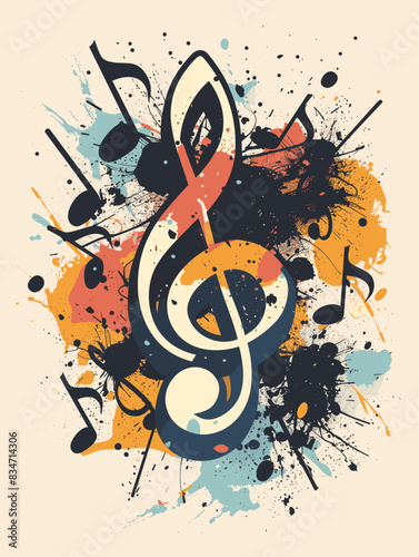 Music background with musical notes and grunge splashes. Vector illustration.