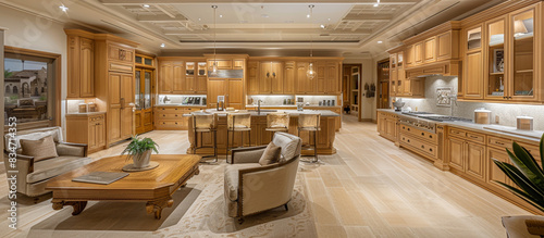  luxurious kitchen lobby featuring light wood cabinetry, a spacious island, and a comfortable lounge area with plush chairs and a coffee table. 32k, full ultra HD, high resolution. © Rai
