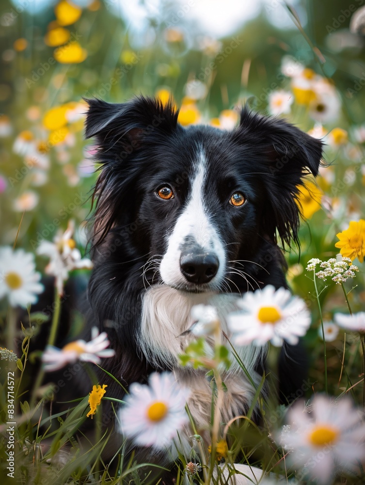 A dark three-colored border collie rests in a meadow surrounded by blossoming plants on a bright summer afternoon.
