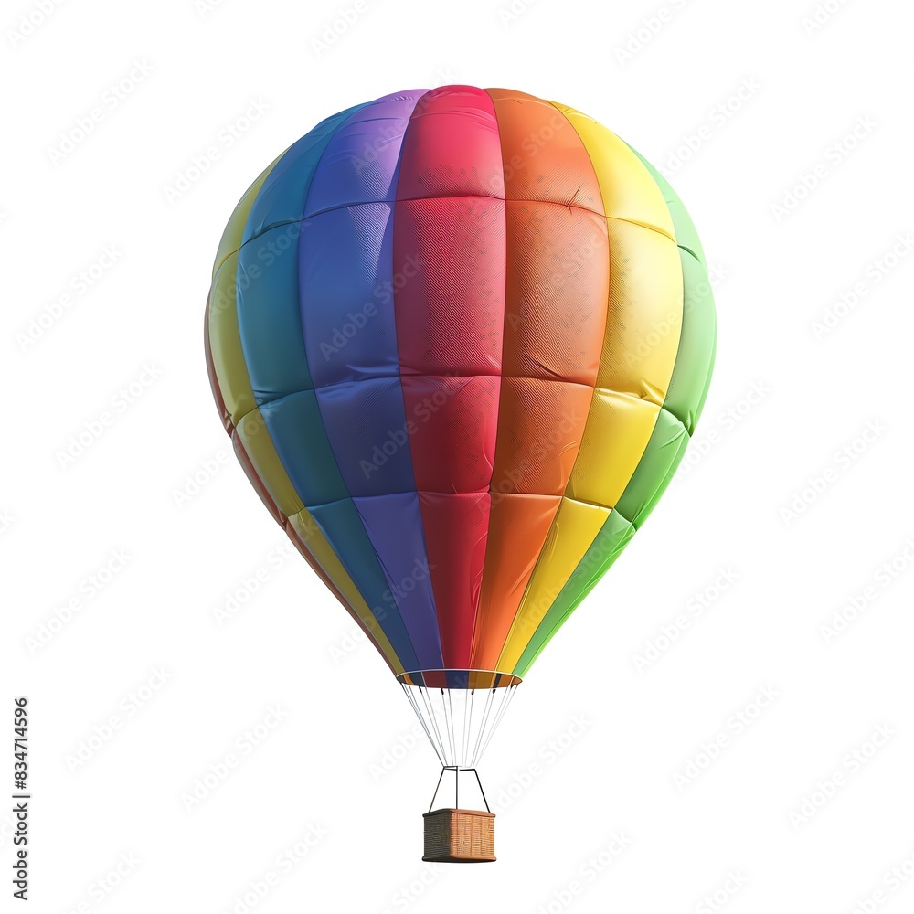 Naklejka premium A colorful hot air balloon floats against a white background. The balloon is a vibrant rainbow of colors. It is a classic symbol of adventure and freedom.