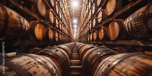 Aging bourbon barrels in a warehouse in Kentucky.