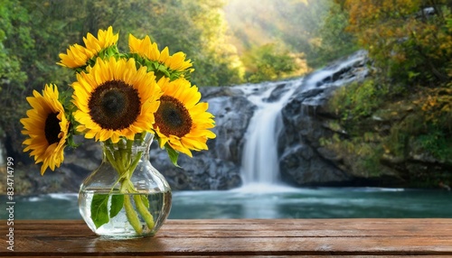 girasoli in vaso di vetro su tavolo di legno marrone con sfondo di una cascata photo