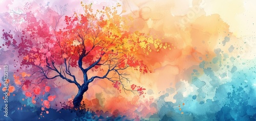 Watercolor spring bloom background  abstract tree silhouettes  vibrant colors  artistic expression  stark contrast