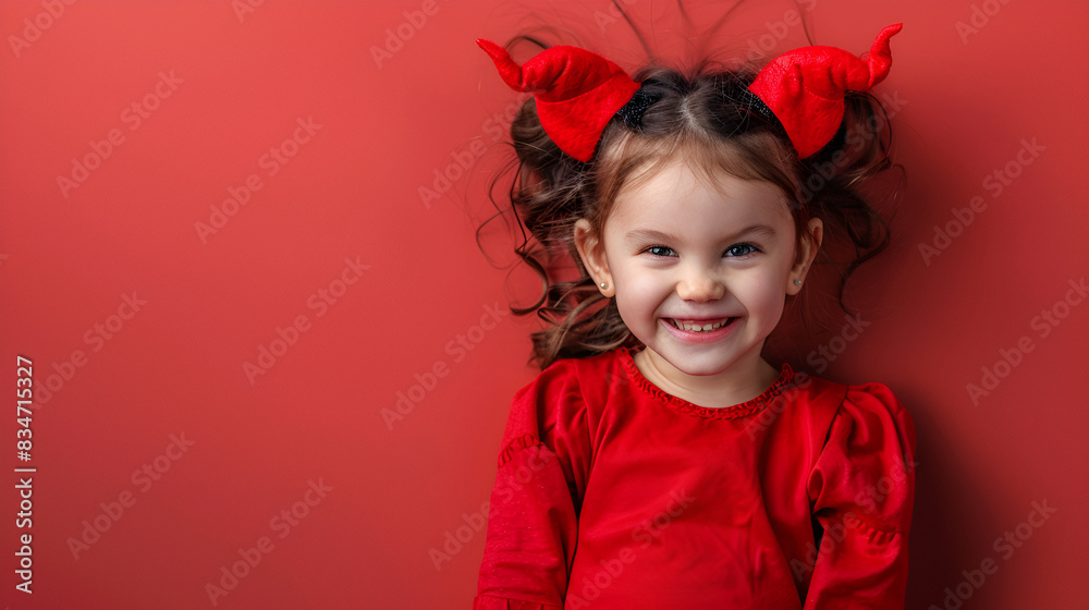 cute toddler dressed as a devil on halloween, red background with copy space cute toddler dressed as a devil on halloween, red background with copy space