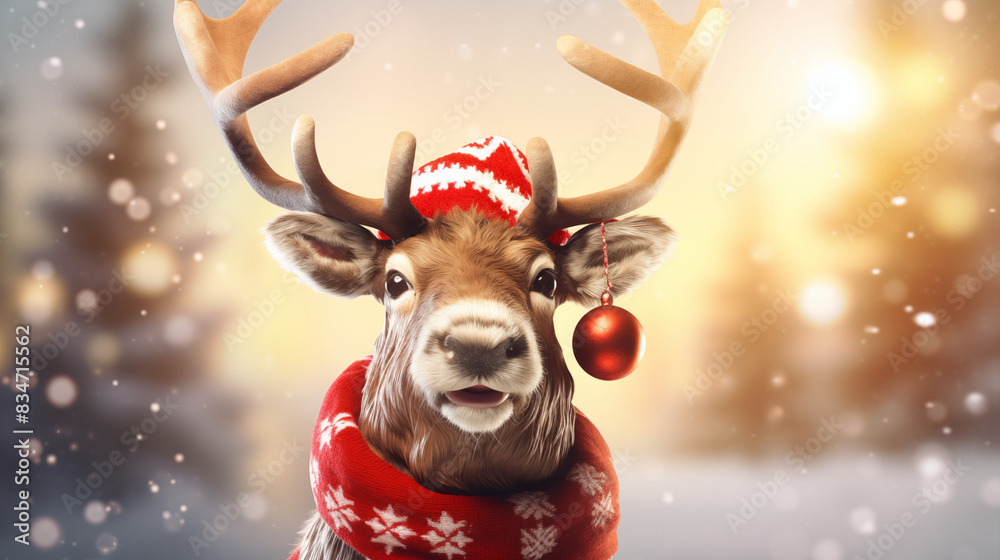 Cute Reindeer with Santa Hat and Scarf in Snowy Winter Wonderland Cute Reindeer with Santa Hat and Scarf in Snowy Winter Wonderland