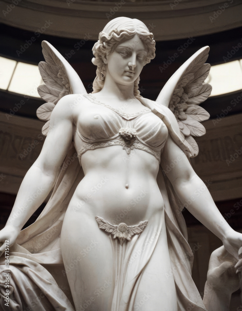 Obraz premium Maestosa statua in gesso bianco raffigura una figura femminile romana alata, con dettagli raffinati nel vestito e nelle ali. La scultura esprime forza e serenità, con un'espressione nobile e serena