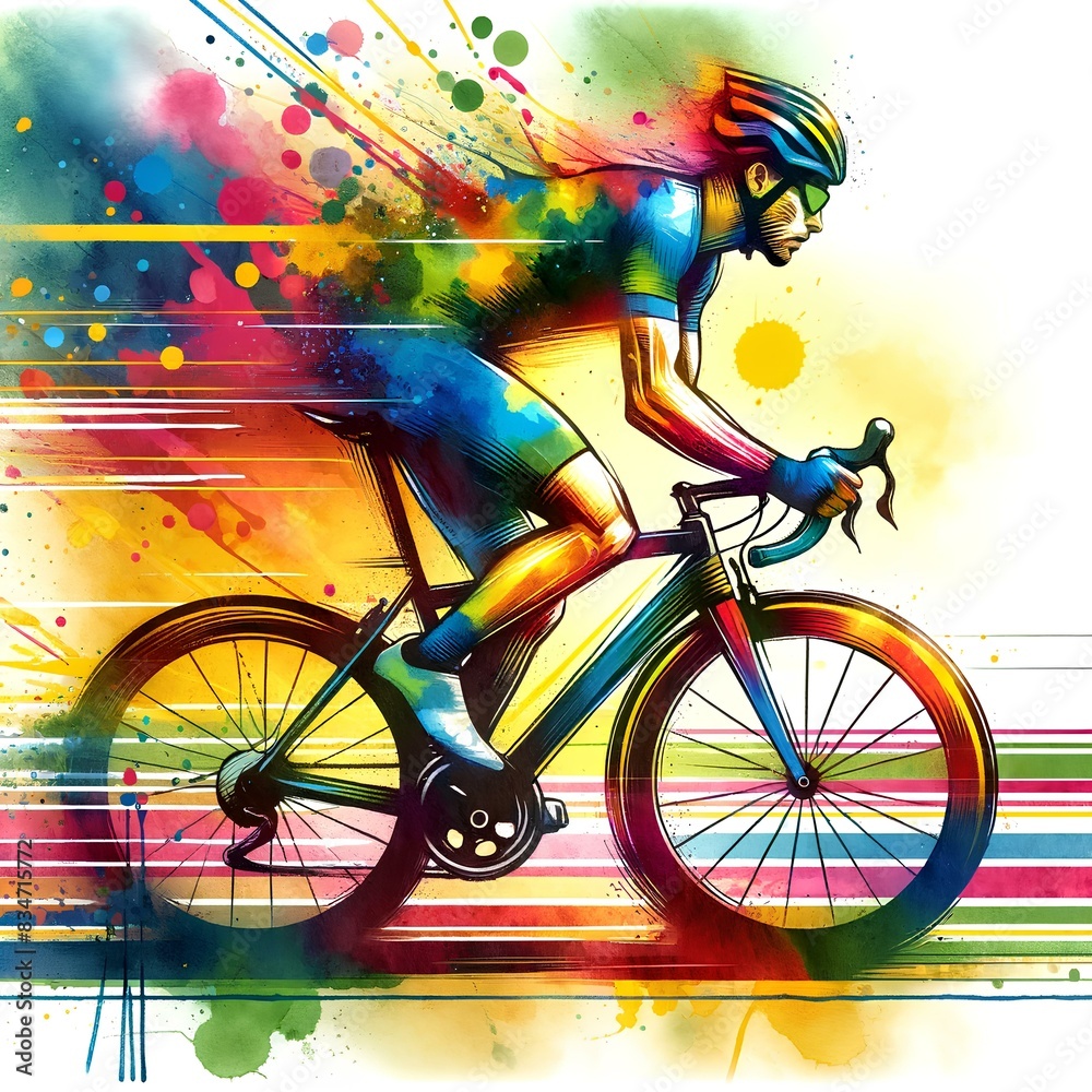 Fototapeta premium Watercolor image of a cyclist depicted in an abstract art style.
