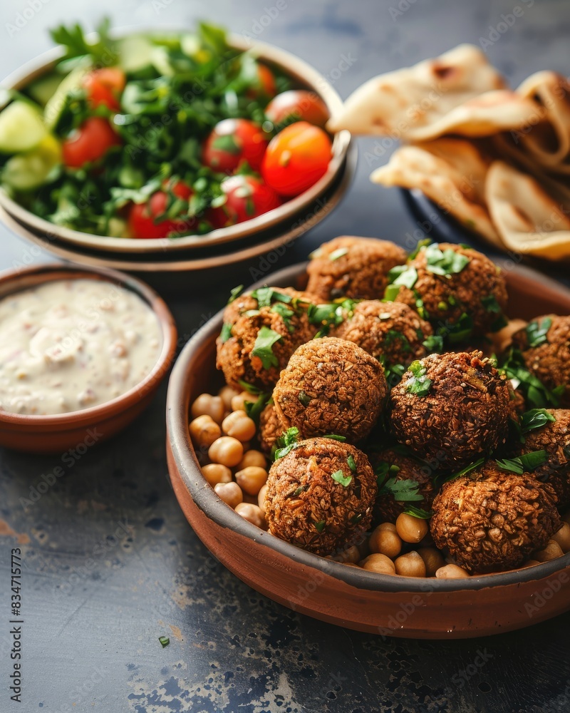 A plate of crispy falafel balls garnished with parsley, served with fresh vegetables and a creamy dipping sauce. A plate of crispy falafel balls garnished with parsley, served with fresh vegetables and a creamy dipping sauce.