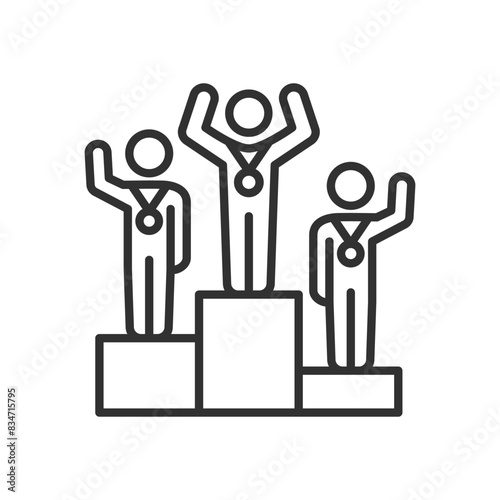 Winners, medallists, linear icon. People on the winners podium. Line with editable stroke