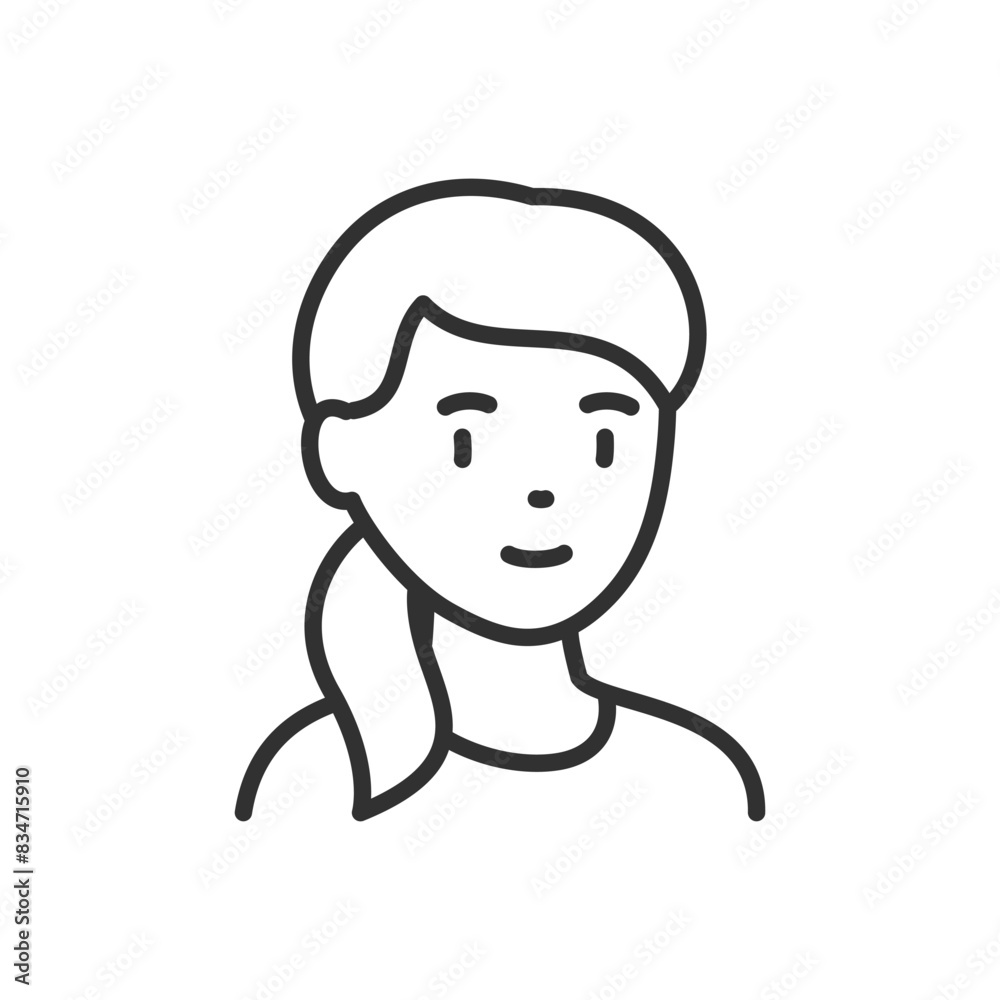 Woman with a ponytail hairstyle, linear icon. Avatar. Line with editable stroke