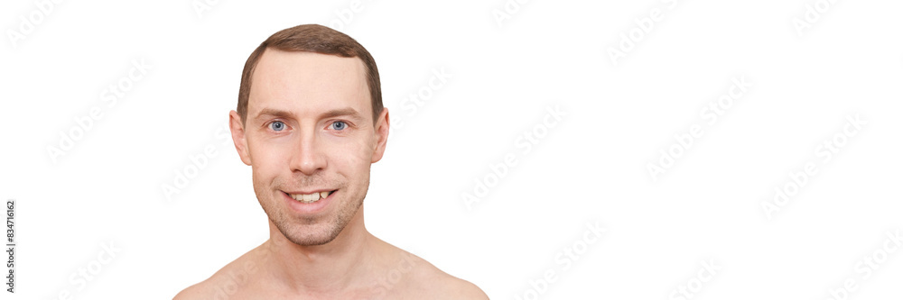 Fototapeta premium Smiling european man. Beauty cosmetology portrait. Calm health relax concept. Closed eyes. Smile male person. Dream about travel. Clean skin procedure. Laugh handsome adult. Grey background.
