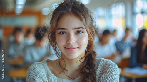 Young woman with a school portrait at a desk in a classroom, pursuing education for scholarships, academics, or as a student.