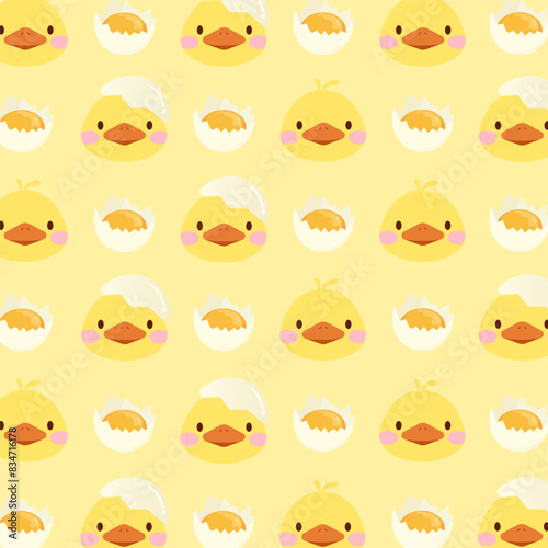 Seamless pattern created by duck faces and egg to background. Kid texture, yellow wallpapers. for textile, fabric, apparel, wrapping, paper, stationery, nursery.