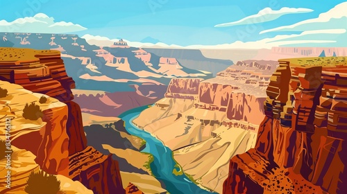 Illustration of natural scenery featuring canyon cliffs and a flowing river.