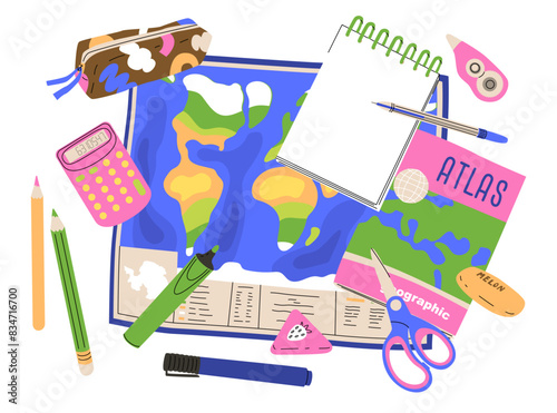 Geography lesson concept illustration. A set of items for school activities. Studying countries using a world map, working with an atlas. Vector illustration isolated on a transparent background.