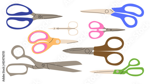 A set of scissors of different shapes and purposes. Manicure for nails, tailor's for making clothes, stationery for paper crafts and hobbies. Vector illustration isolated on transparent background.