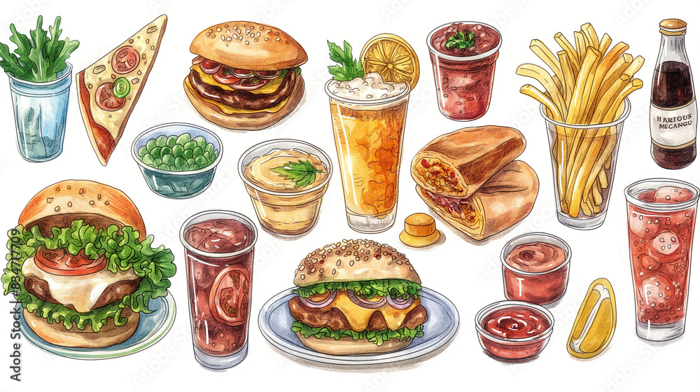 Illustration of fresh lunch entrees hand-drawn vector elements. Illustration of fresh lunch entrees hand-drawn vector elements.