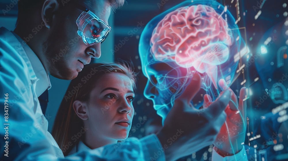 Doctors working on VFX hologram of human brain and nervous system in modern laboratory, Neuroscientists analyzing on brain symptom, Ai generated for ads and media Doctors working on VFX hologram of human brain and nervous system in modern laboratory, Neuroscientists analyzing on brain symptom, Ai generated for ads and media