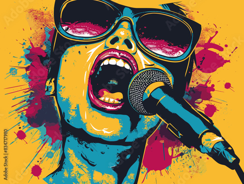 Vector illustration of a rock singer with microphone on grunge background.