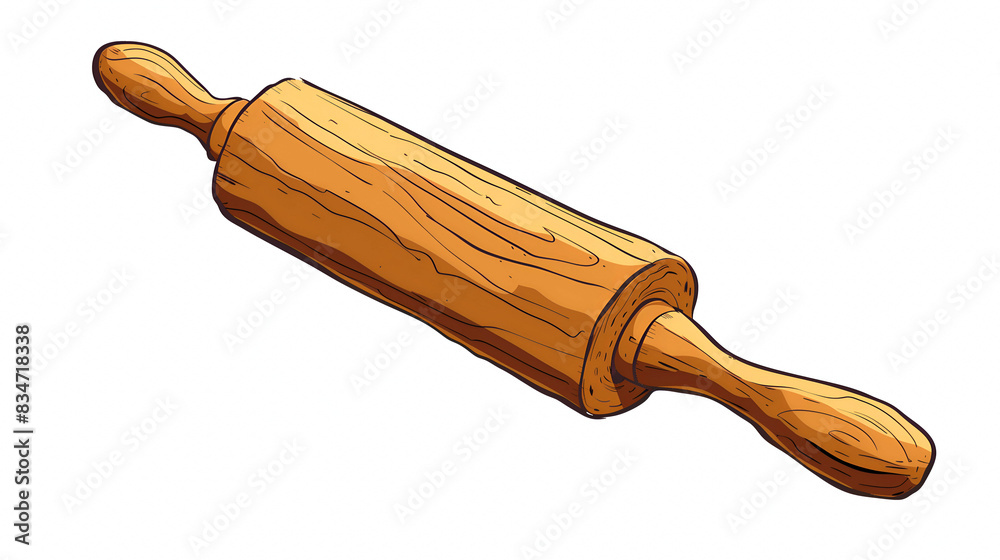 Simple and detailed illustration of a traditional wooden rolling pin, showcasing its texture and handles, set against a white background Simple and detailed illustration of a traditional wooden rolling pin, showcasing its texture and handles, set against a white background
