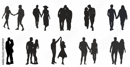set of romantic couple in various poses silhouettes collection. Couple falling in love different poses isolated on white background silhouette set.