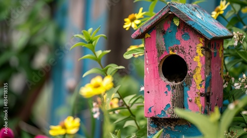 Brightly Painted Birdhouse in Garden 