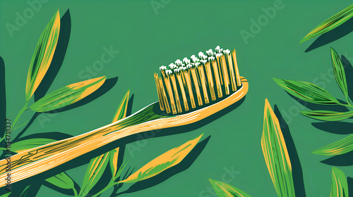 Vibrant illustration of a bamboo toothbrush surrounded by green leaves, set against a green background, emphasizing eco-friendly and natural themes