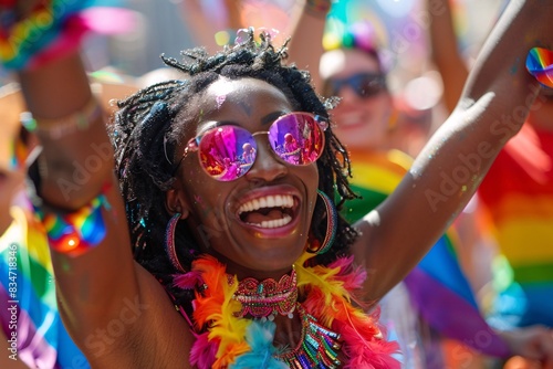 Editorial Photography of a vibrant LGBTQ+ community event, with people celebrating diversity and equality, colorful outfits and expressive emotions, emphasizing the importance of equity and