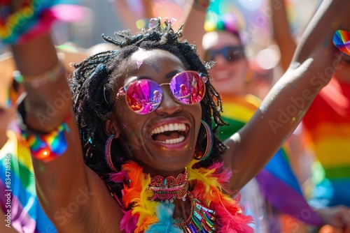 Editorial Photography of a vibrant LGBTQ+ community event, with people celebrating diversity and equality, colorful outfits and expressive emotions, emphasizing the importance of equity and © Thitiphan