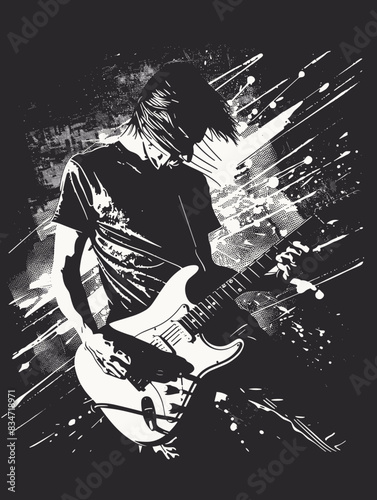 Guitar player. Hand drawn vector illustration with grunge effect.