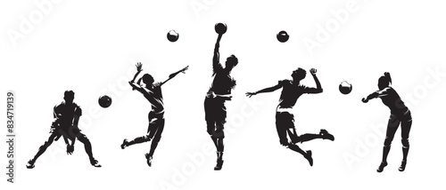 Group of volleyball players, men and women playing volleyball, set of isolated vector silhouettes