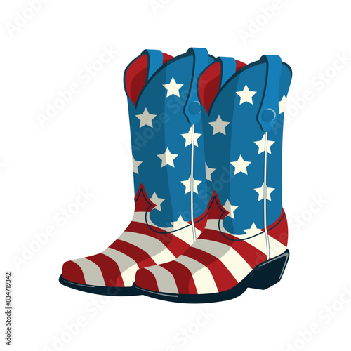 Cowboy boots in stars and stripes illustration for Independence day. Isolated on white background. Patriotic accessory