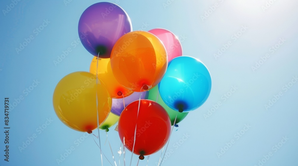 Rainbow-colored balloons floating against a clear blue sky at a pride festival Rainbow-colored balloons floating against a clear blue sky at a pride festival