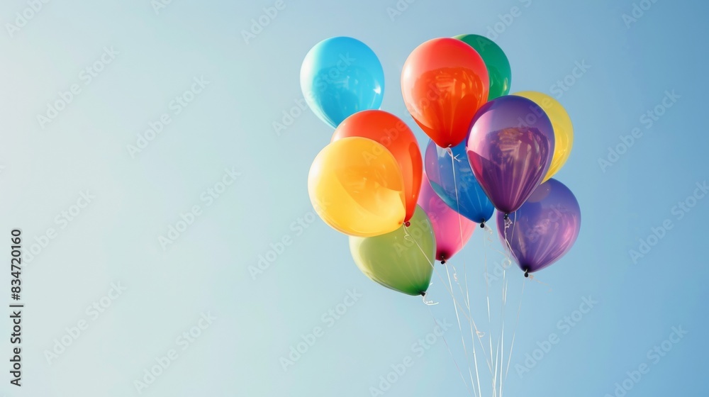 Rainbow-colored balloons floating against a clear blue sky at a pride festival Rainbow-colored balloons floating against a clear blue sky at a pride festival