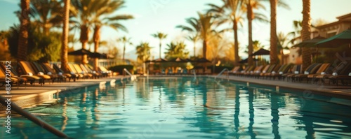 poolside scene at a luxurious tropical resort with rows of loungers under palm trees during sunset. © amazingfotommm