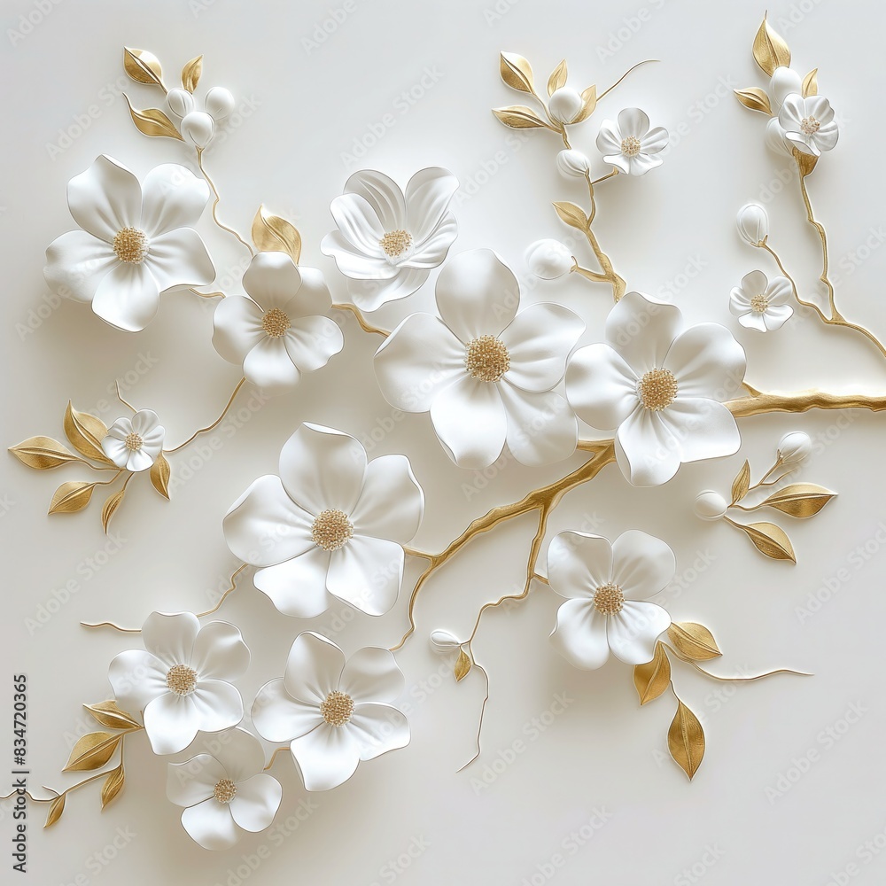 White flowers with golden leaves on white background. White and golden luxury 3d floral background
