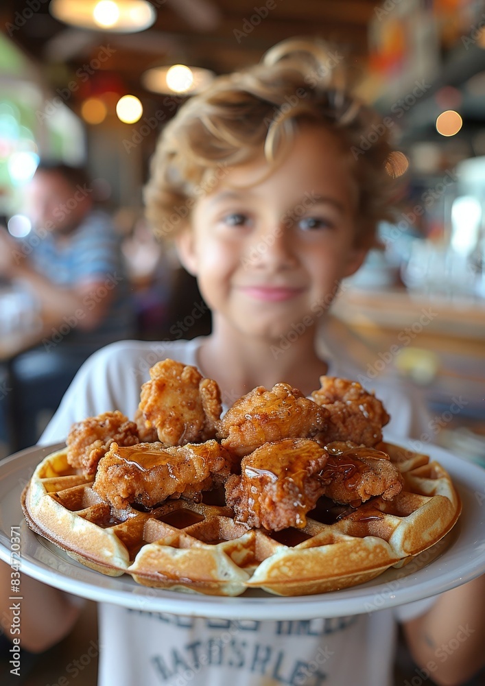 Chicken and Waffles - Fried chicken on top of a waffle with syrup. Chicken and Waffles - Fried chicken on top of a waffle with syrup.