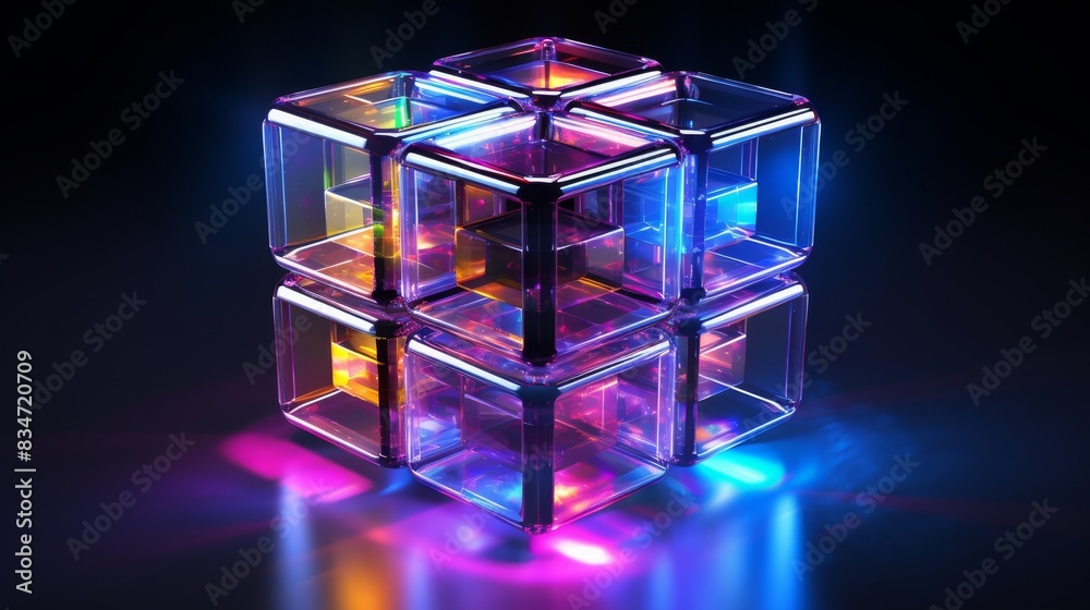 Multi-cornered tech cube, Angular metallic surfaces with shine energy background. Multi-cornered tech cube, Angular metallic surfaces with shine energy background.