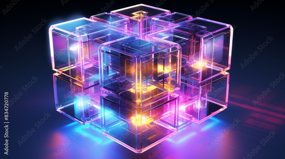 Multi-cornered tech cube, Angular metallic surfaces with shine energy background. Multi-cornered tech cube, Angular metallic surfaces with shine energy background.