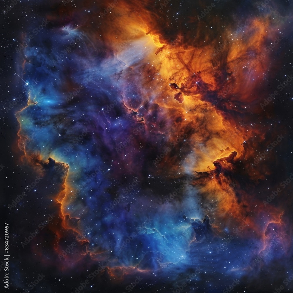 Fototapeta premium This image captures a stunning nebula with vibrant hues of blue, purple, and orange. The intricate patterns of gas and dust are illuminated by starlight, creating a mesmerizing cosmic tapestry.